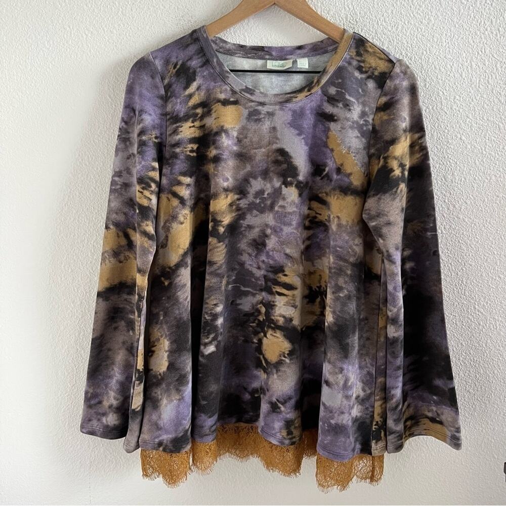 LOGO Lounge by Lori Goldstein Printed French Terry Swing Top w/ Lace at Hem US M